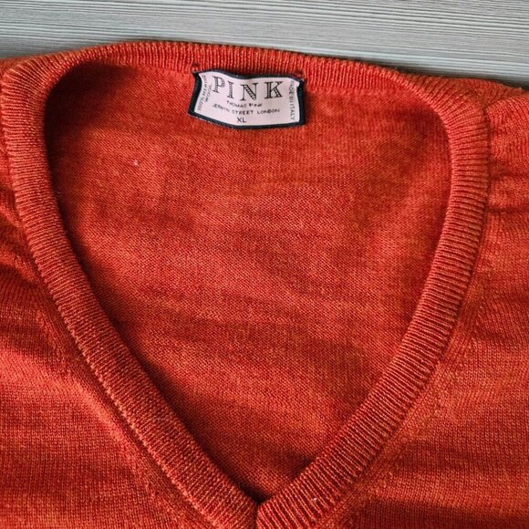 Thomas Pink XL Mens V-Neck Knit Sweater 100% Merino Wool Orange Made in Italy - Picture 6 of 12